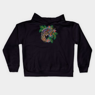 PSYCHEDELIC TRIPPY HORROR VACUI ANIMAL CHAMELEON ON BRANCH - full colour Kids Hoodie